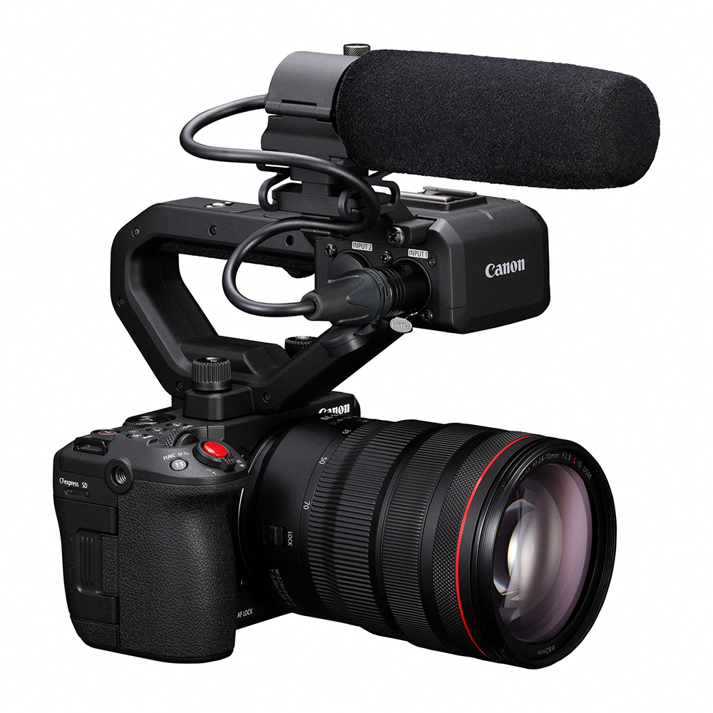 Canon-c50 seitlich mit Griff und Mikrofon