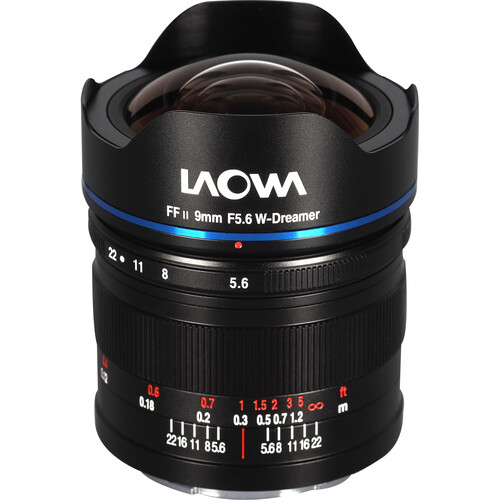 Laowa 9mm f5.6 FF RL für Sony E-Mount Frontale Ansicht mit abgewinkelten Blickwinkel