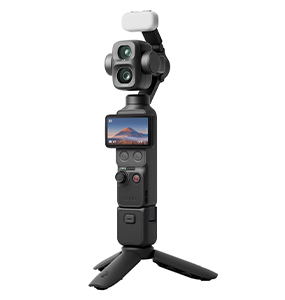 DJI Osmo Pocket 4P auf Mini-Stativ mit aktiviertem Touchscreen