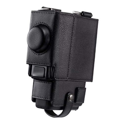 Elegante schwarze Kunstledertasche für die Fujifilm instax mini Evo Cinema in geschlossener Ansicht.