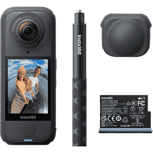 Bundle-Inhalt: Insta360 X4 Air Kamera (Schwarz), Invisible Selfie Stick, Akku, Ladekabel, Linsenschutz.