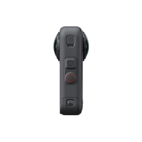 Insta360 X6 Seitenansicht mit Power-Taste, Auslöser und Akku-Abdeckung