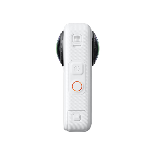 Insta360 X6 Weiß Seitenansicht mit Power-Taste und Auslöser