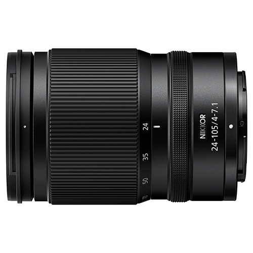 Kompaktes Nikon NIKKOR Z 24-105 mm f/4-7.1 Allround-Zoom in der Seitenansicht für spiegellose Z-Kameras bei Foto Kücher.