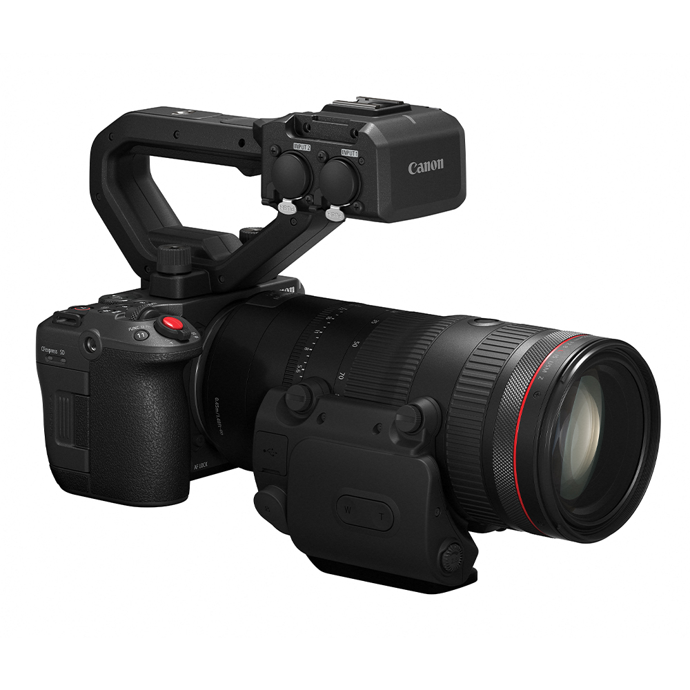 Canon-c50 Ansicht seitlich vorne mit Griff und Objektiv