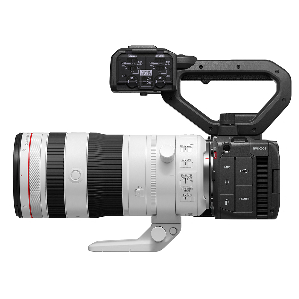 Canon-c50 Ansicht seitlich mit Objektiv und Griff