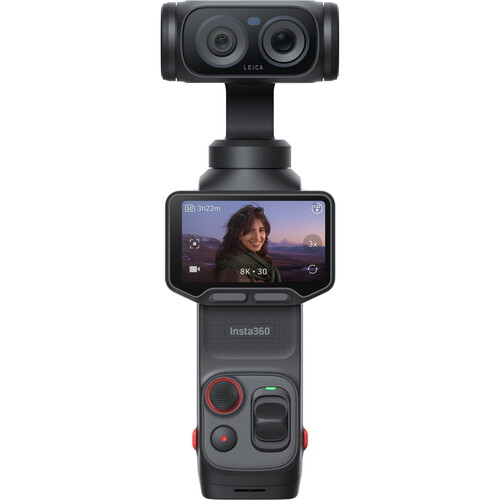 Insta360 Luna Ultra Standard Combo Kamera mit abnehmbarem Display auf Stativ.
