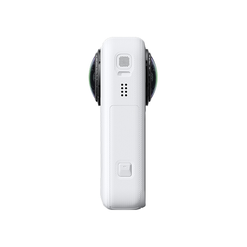 Insta360 X6 Weiß Seitenansicht mit Akku-Fach und Mikrofonöffnung