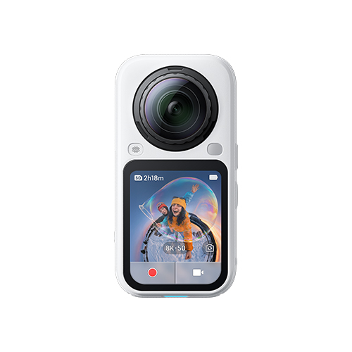 Insta360 X6 Weiß Frontansicht mit OLED Touchscreen und Linse