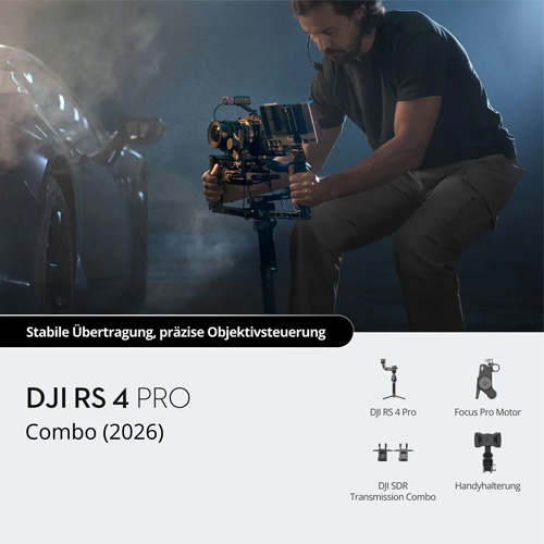DJI RS 4 Pro Combo 2026 Produktgrafik mit Kameramann im Einsatz.