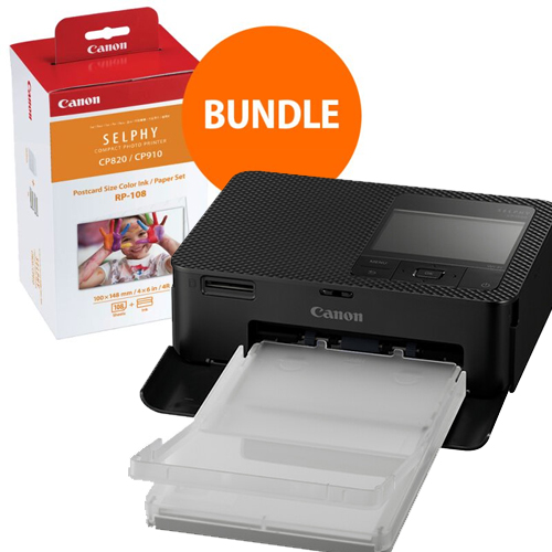  Canon SELPHY CP1500 Weiß Bundle inkl. RP-108 Papier - Frontale Ansicht auf beide Produkte 