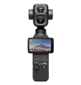 Frontansicht der DJI Osmo Pocket 4P mit Dual-Lens und Querformat-Display
