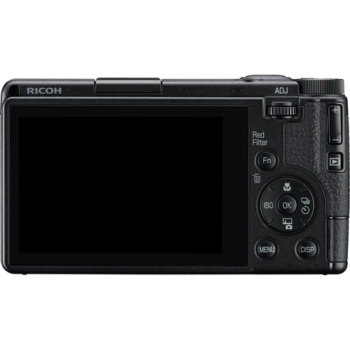 Rückansicht der Ricoh GR IV Monochrome mit LCD-Display und ADJ-Hebel
