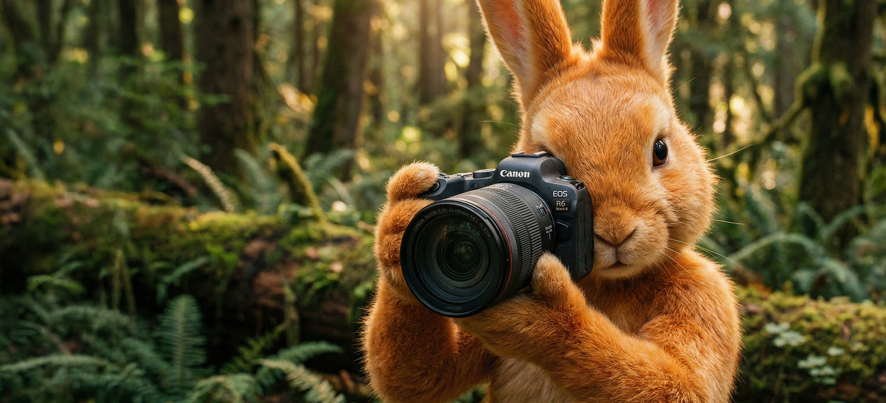 Pelziger Osterhase mit Canon EOS R6 Mark II Kamera im Wald.