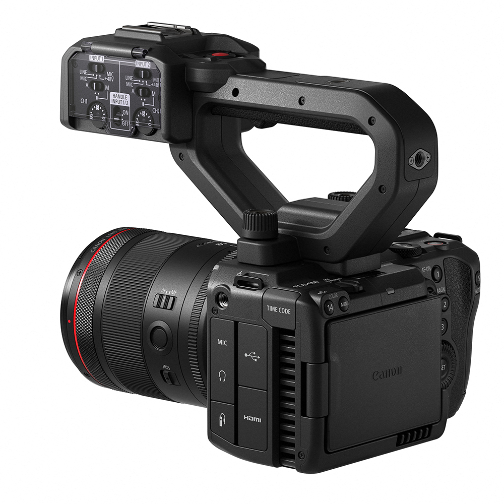 Canon-c50 Ansicht hinten mit Griff und Objektiv