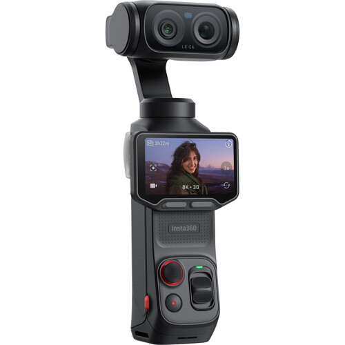 Insta360 Luna Ultra Creator Combo mit abnehmbarem OLED-Monitor auf Stativ.
