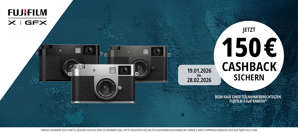 Werbebanner zur Fujifilm X-HF1 Cashback Aktion – 150 Euro Ersparnis im Aktionszeitraum Januar bis Februar 2026.