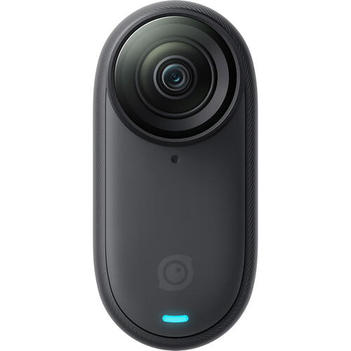 Frontalansicht der kompakten Insta360 GO 3S Kameraeinheit in Schwarz.