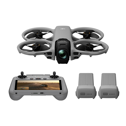 JI Avata 360 Fly More Combo im Überblick: Drohne, DJI RC 2 und drei Intelligent Flight Batteries.