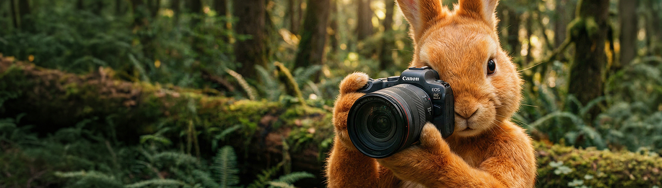 Breitbild-Banner: Osterhase in mossiger Waldkulisse mit Profi-Kamera.