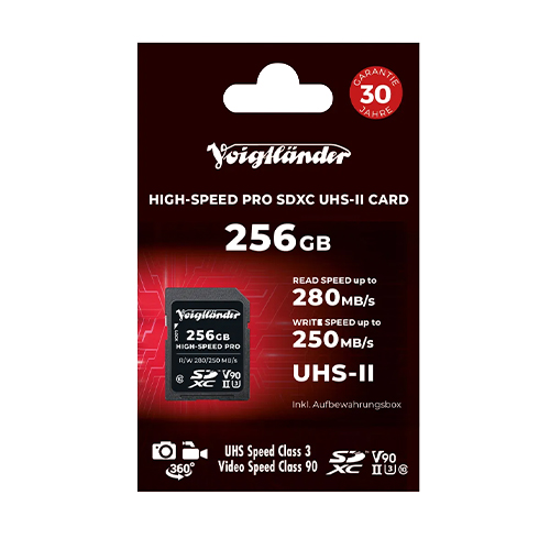 Voigtlnder SDXC 256GB UHS-II 280250 MBs Frontale Ansicht