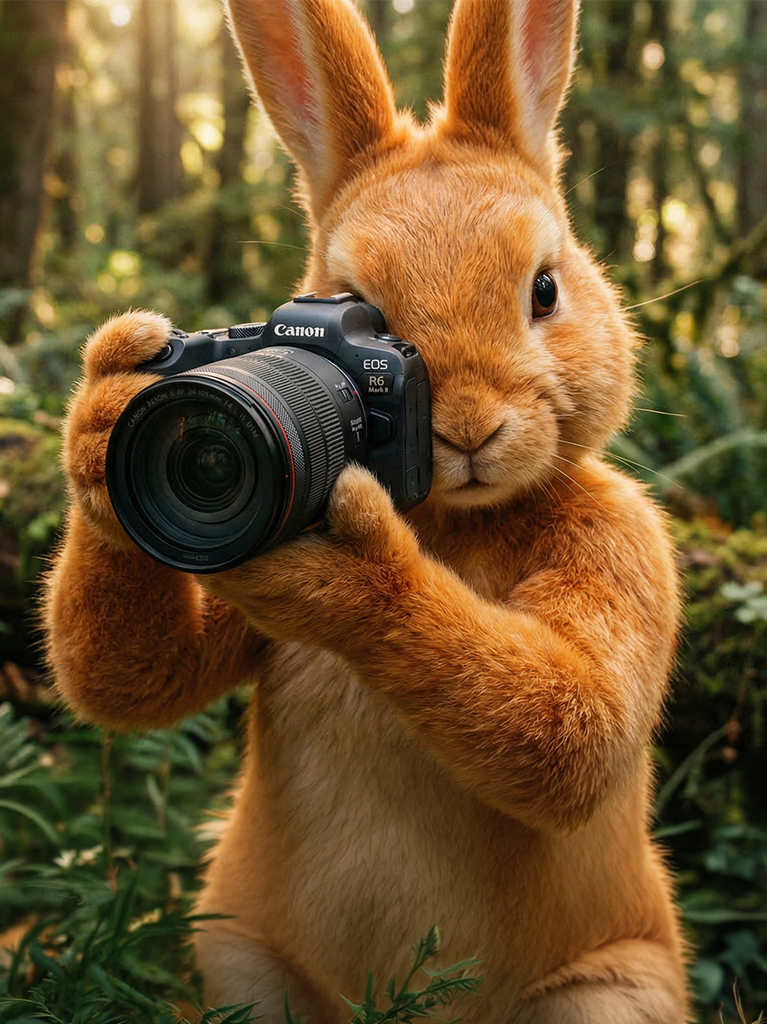 Nahaufnahme: Osterhase blickt durch Canon EOS R6 Mark II Objektiv.