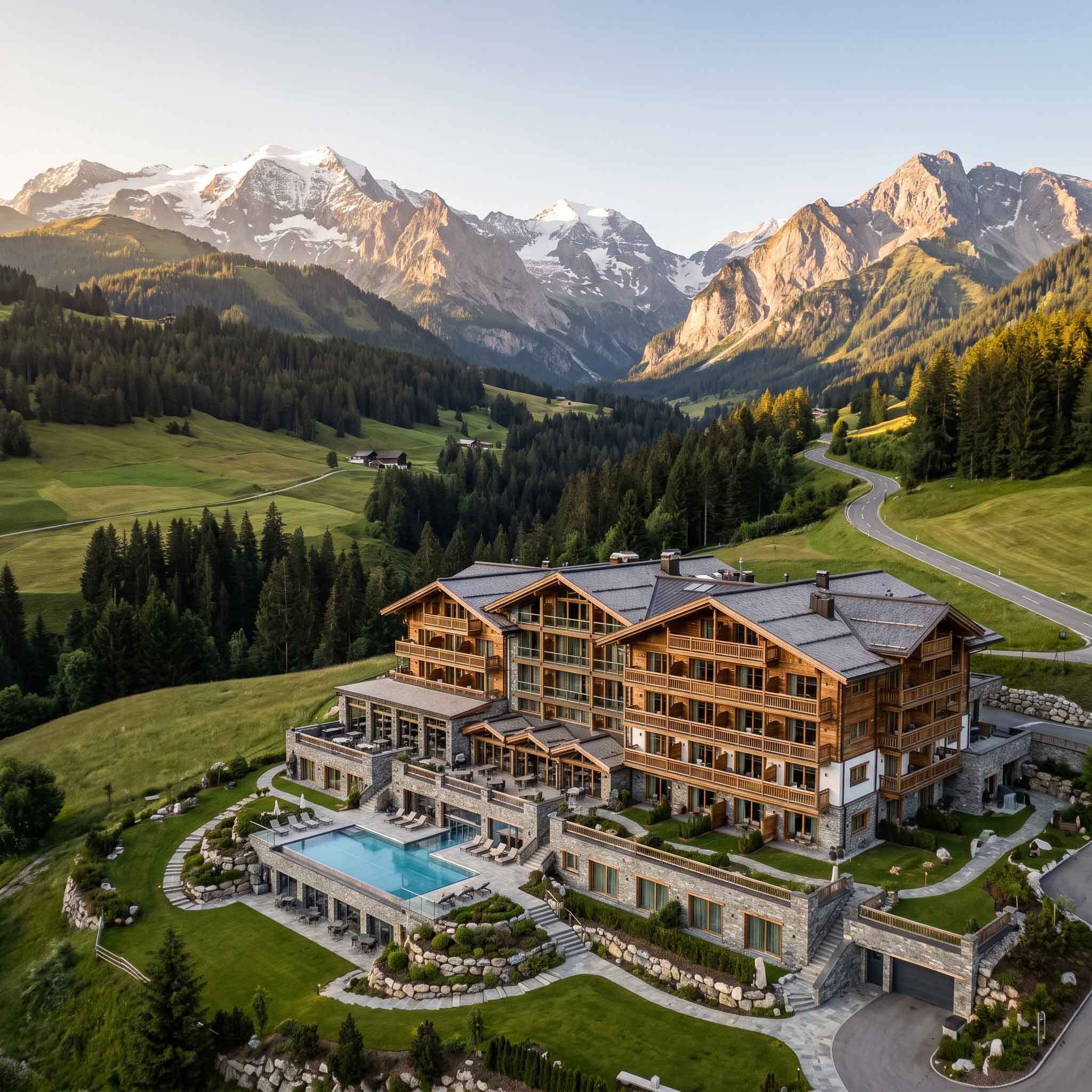 Drohnenaufnahme eines Hotels in den Alpen