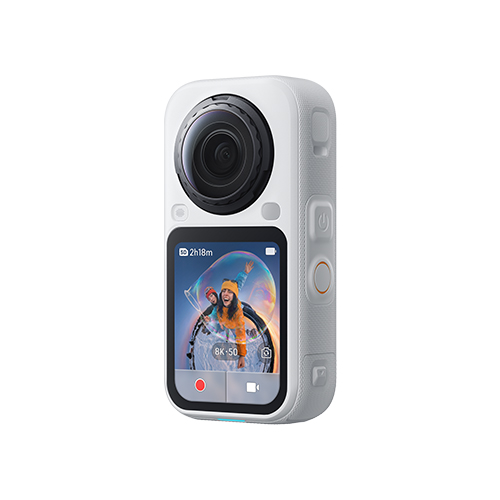 Insta360 X6 Weiß Schrägansicht mit OLED Display und Bedienelementen