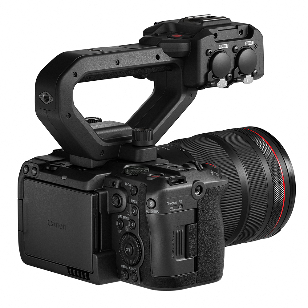 Canon-c50 Griff auf Kamera mit Objektiv