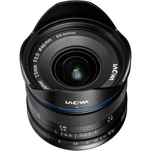 Laowa 7.5mm f2.0 MFT Objektiv für Micro Four Thirds Obere Ansicht auf Linse
