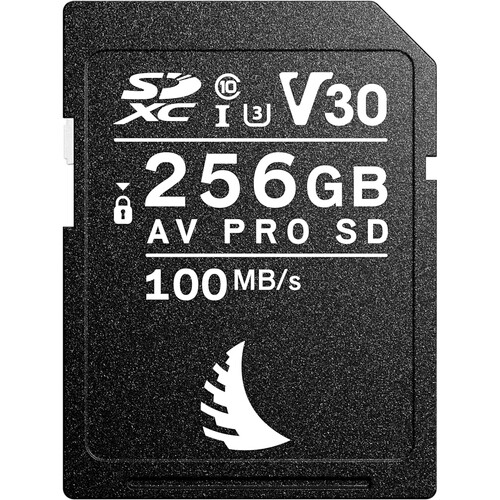 Angelbird SDXC 256GB V30 UHS-1 Speicherkarte frontal, zeigt Logo und Geschwindigkeitsangaben.