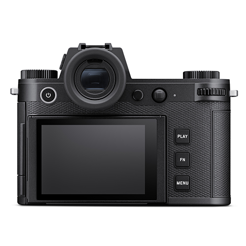 Rückansicht des Leica SL3-P Kameragehäuses mit Blick auf den elektronischen OLED-Sucher, die Haupttasten und das flache LCD-Panel.