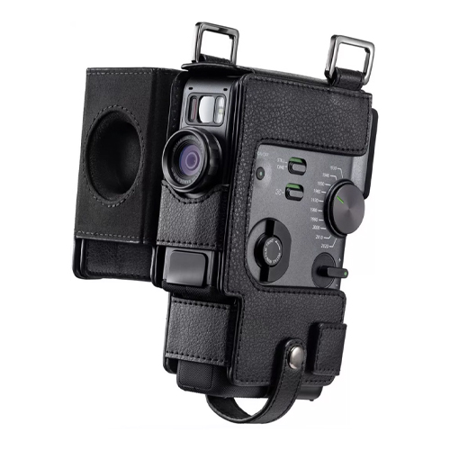 Offene instax mini Evo Cinema Design-Tasche mit sichtbarer Kamera – bereit für den nächsten Schnappschuss.