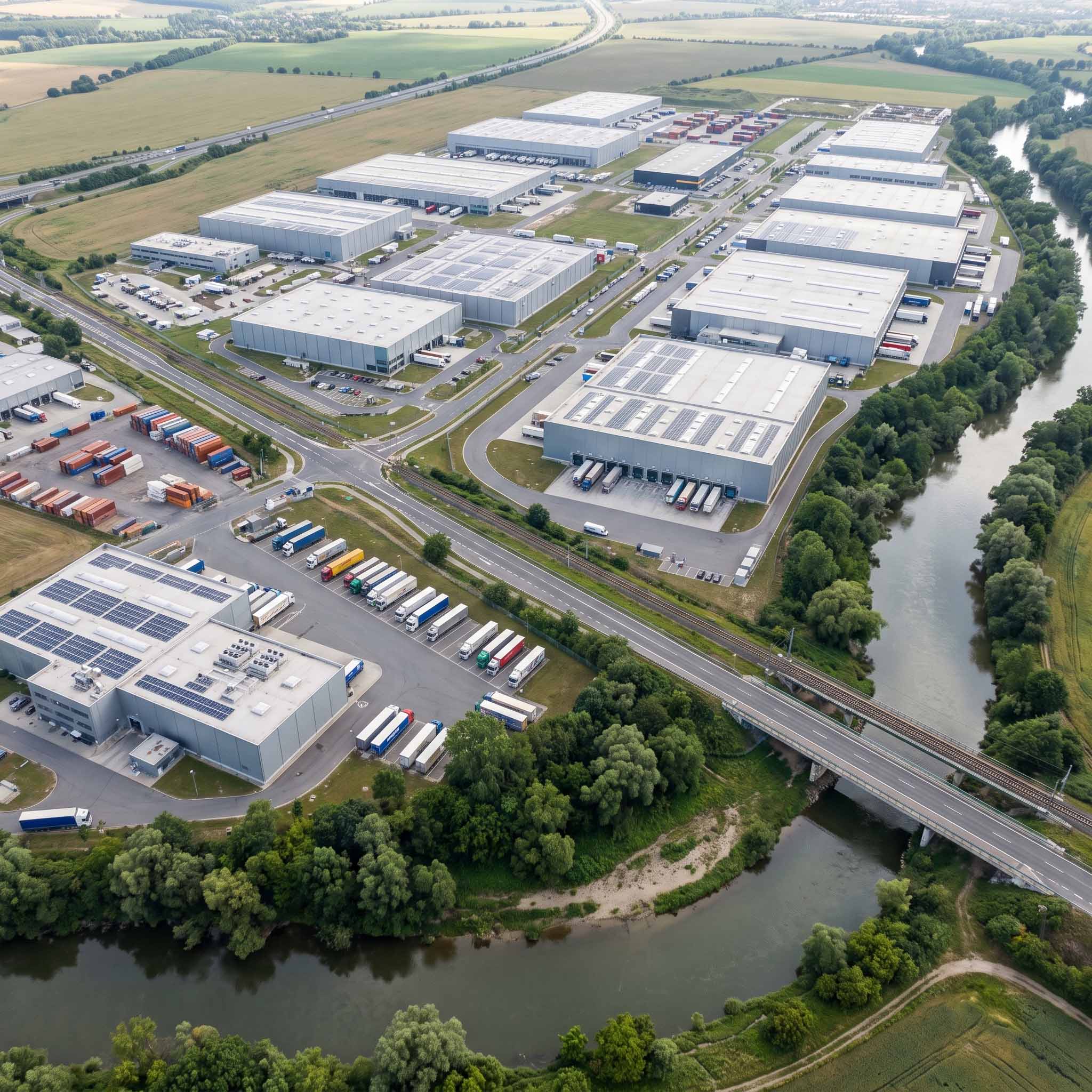 Drohnenaufnahme eines Industrie- und Produktionsgeländes